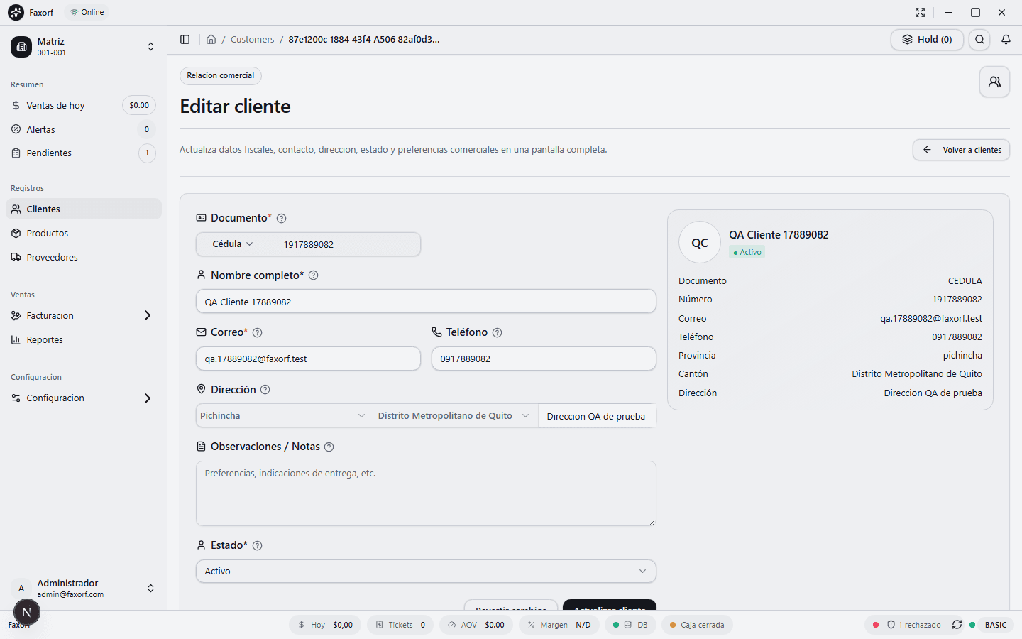 Clientes y datos comerciales en Faxorf POS